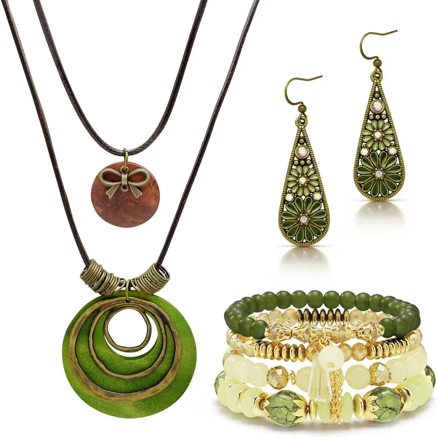 6Pcs Western Boho Jewelry Set for Women Layered Green Bohemian Necklaces Vintage Olive Floral Dangle Earrings Bohemian Stackable Beaded Stretch Bracelets Earthy Beach Boho Jewelry Gifts