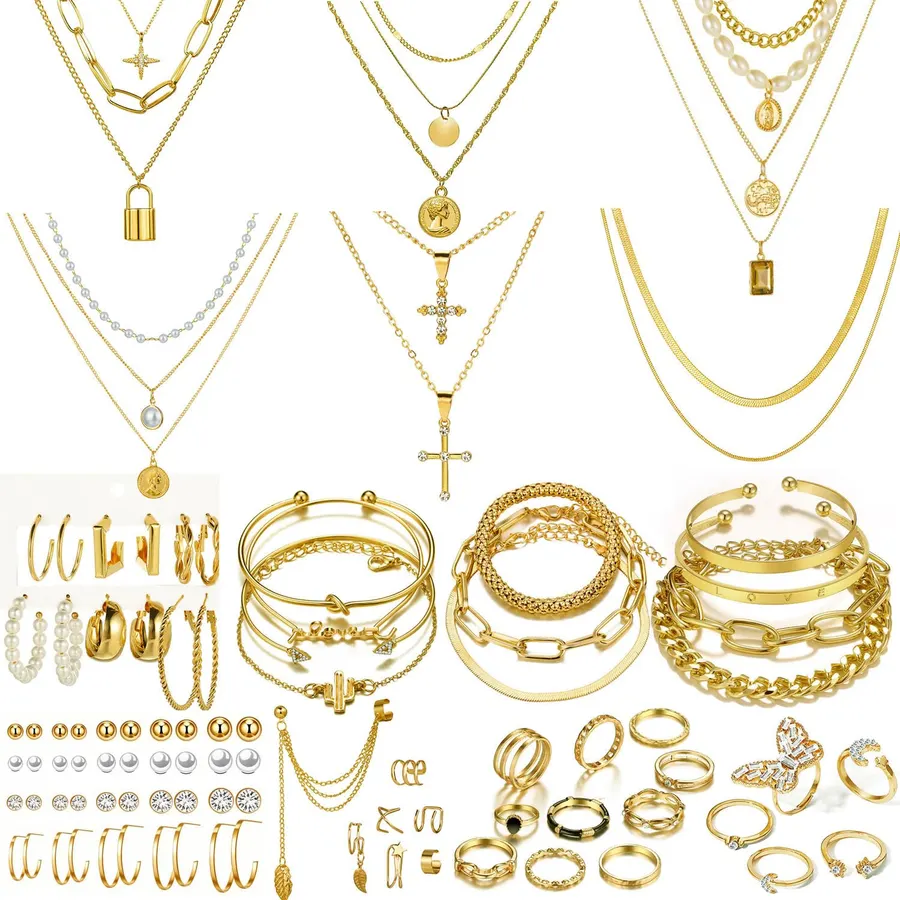 73 Pcs Gold Jewelry Set for Women, Necklaces Bracelets Rings Earrings Set
