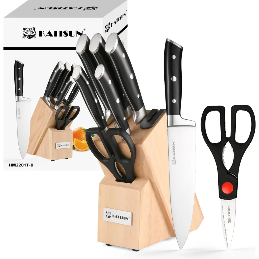 8 Piece German Stainless Steel Knife Set With Block, Ergonomic Handle Chef Knives, Sharpener and Shears for Chopping, Slicing and Cutting