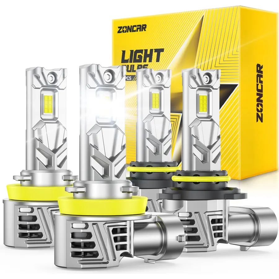 9005 H11 Driving Bulb, 130,000 Lumes Super Birghter, 6500K Cool White, HB3 H8/H9 1:1 Size Plug-N-Play Bulbs, 500% Heat Dissipation, Up to 80,000Hrs Lifespan, Pack of 4