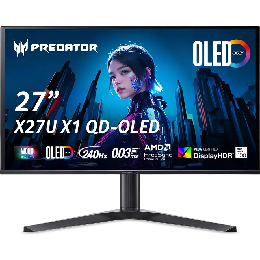 Acer Predator Gaming Monitor | 27" WQHD (2560 x 1440) OLED | AMD FreeSync Premium Pro | 240Hz | 0.03ms (G to G) | VESA DisplayHDR True Black 400 | Display Port 1.4 & 2 x HDMI 2.1 | X27U X1bmiiphx