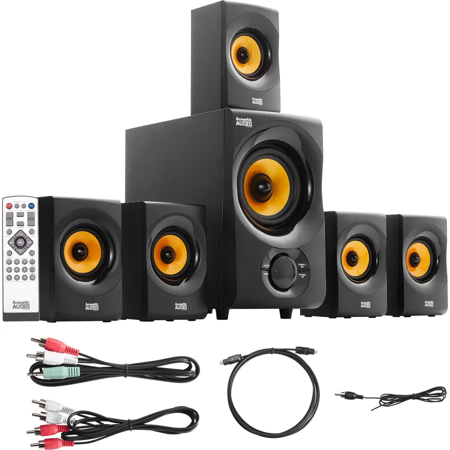 Acoustic Audio AA5102 Bluetooth Powered 5.1 Speaker System Home Theater Surround, Black (AA5102)