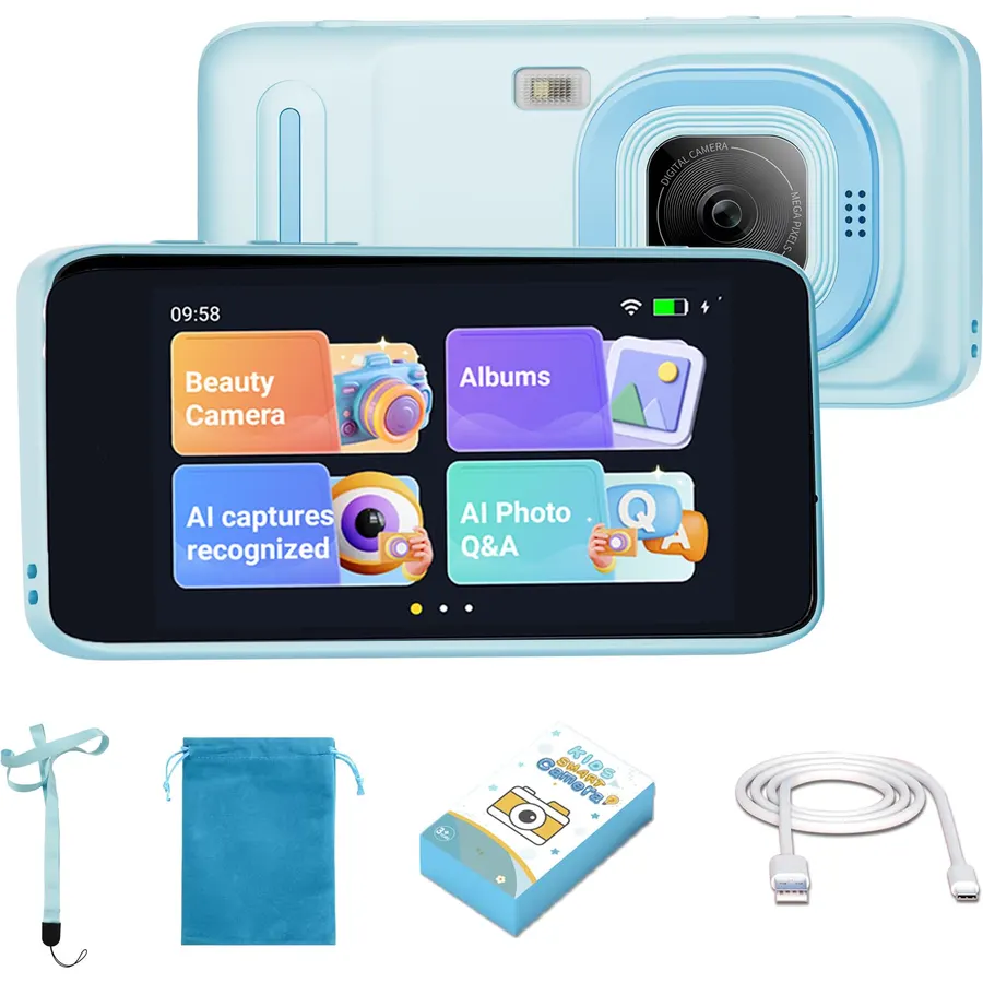 AI Kids Digital Video Camera with AI Object Recognition & Photo Q&A, 11 AI Teachers, Dual Cameras, Fun Filters, 16GB WiFi Educational Birthday Gift for Girls and Boys Ages 4-12(Blue)