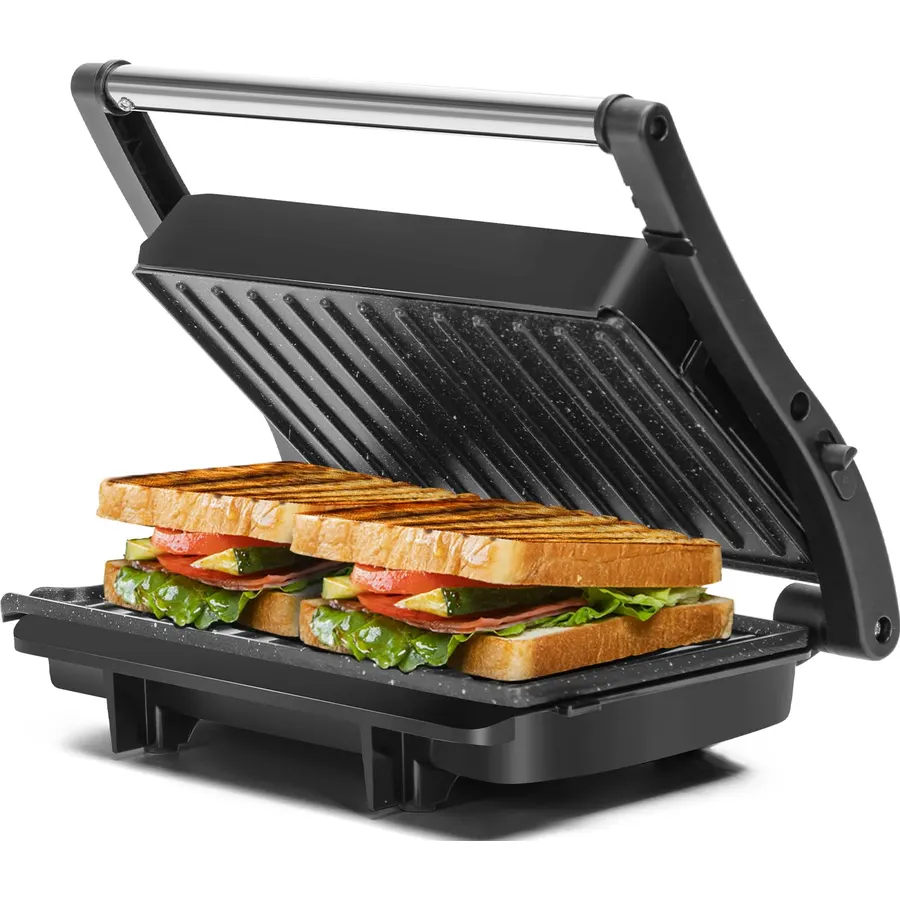 Aigostar Panini Press, 1200W Sandwich Maker and Electric Indoor Grill with Ceramic Non-Stick Coated Plates, Opens 180°to Fit Any Size of Food, Stainless Steel Surface & Removable Drip Tray, Silver
