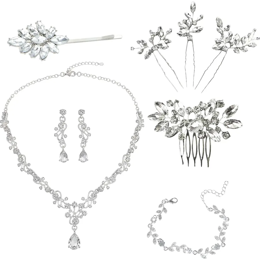 Silver Y Rhinestone Necklace Earrings Bracelet Set, Jewelry Set for Women, Sparkly Crystal Bridal Wedding Jewelry Sets for Brides Bridesmaids Prom Party Accessories
