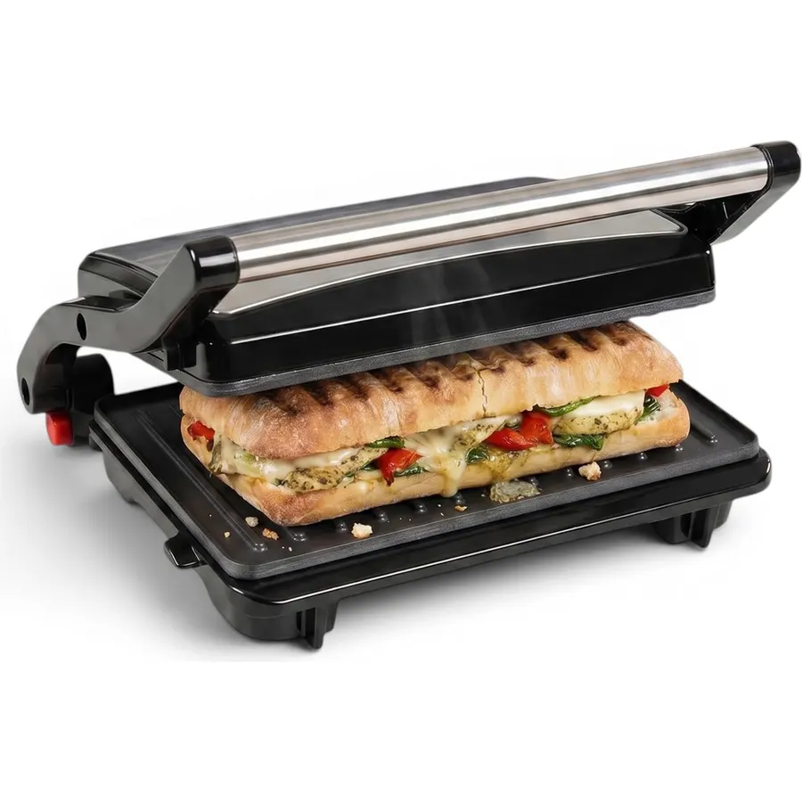 Alpha Living Electric Griddle Panini Press Sandwich Maker – Stainless Steel Panini Grill Press Sandwich Maker with Aluminum Griddle – Non-Stick Coating – 180-Degree Hinge for Thick and Thin Foods