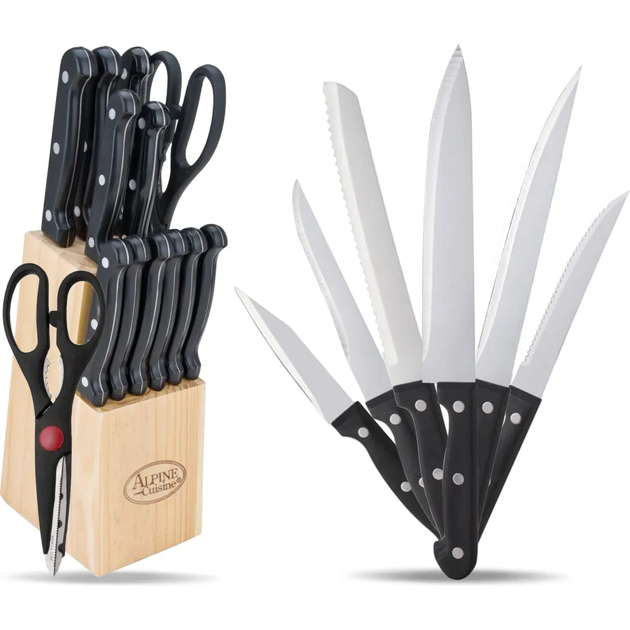 Alpine Cuisine Stainless Steel Cutlery Set 13-Piece, Durable & Rust Resistant, Sharp Blade Cutting Knife Set, Grip Black Handles & Wood Holder, Lightweight & Strong, Multipurpose Use
