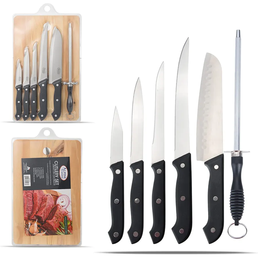 Alpine Cuisine Stainless Steel Cutlery Set 7 Piece with Wood Cutting Board - Kitchen Chef Knife Set, Santoku Knife, Carving Knife, Boning Knife, Utility Knife, Paring Knife, Sharpener, Dishwasher Safe