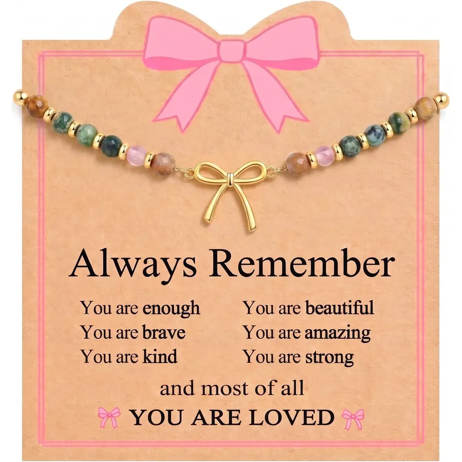 Always Remember You Are Loved - Natural Stone Gold Bow Bracelet for Teen Girls