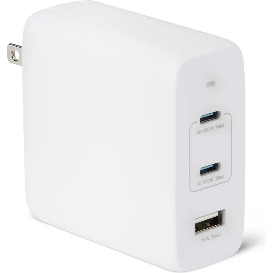 Amazon Basics 120W Fast Charging USB-C Nano GaN Wall Charger, 3-Port for Laptops, Tablets, Phones, Compact Travel-Friendly Size, White