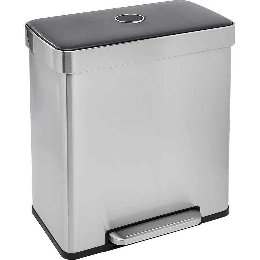 Amazon Basics Dual Compartment Recycling Trash Can with Soft-Close Lid, Fingerprint Resistant, Removable Liner Buckets, 60 Liters, Rectangular, Grey, Silver