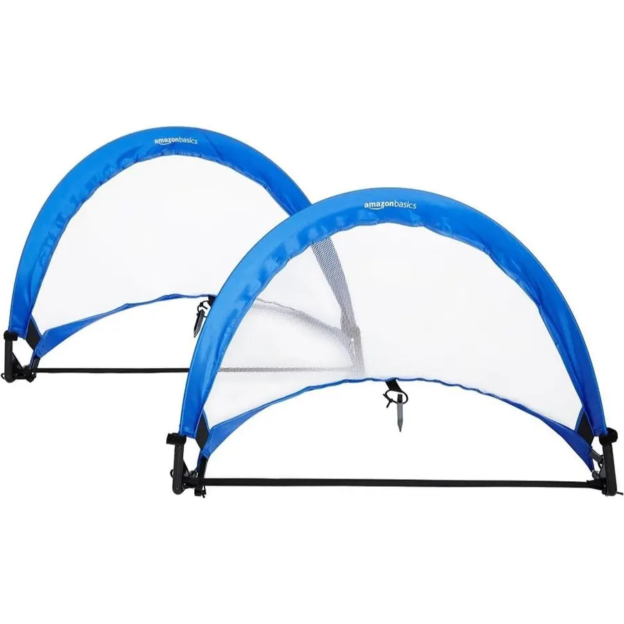 Amazon Basics Portable Pop Up Soccer Goal Set for Kids, Training Equipment, Outdoor Sports Games, Backyard Soccer, Blue, 2-Pack