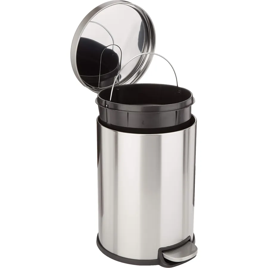 Amazon Basics Round Cylindrical Trash Can with Soft-Close Lid, Foot Pedal, Removable Inner Bucket, Smudge Resistant, 20 l/5.3 gallon, Brushed Stainless Steel