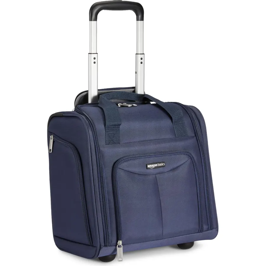 Amazon Basics Underseat Carry-On Luggage with Wheels and Handle, 14" Rolling Travel Bag, Fits Overhead Bins, Organized Compartments, Navy