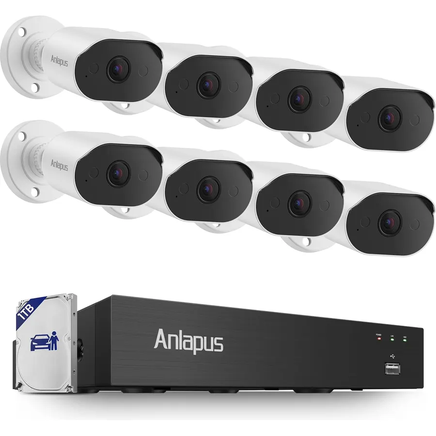 Anlapus 8CH 4K Security Camera System with Audio, 8pcs 8MP Wired CCTV Cameras Outdoor Indoor, AI Person/Vehicle Detection, Night Vision, H.265+ DVR with 1TB Hard Drive, 24/7 Recording, No Monthly Fee