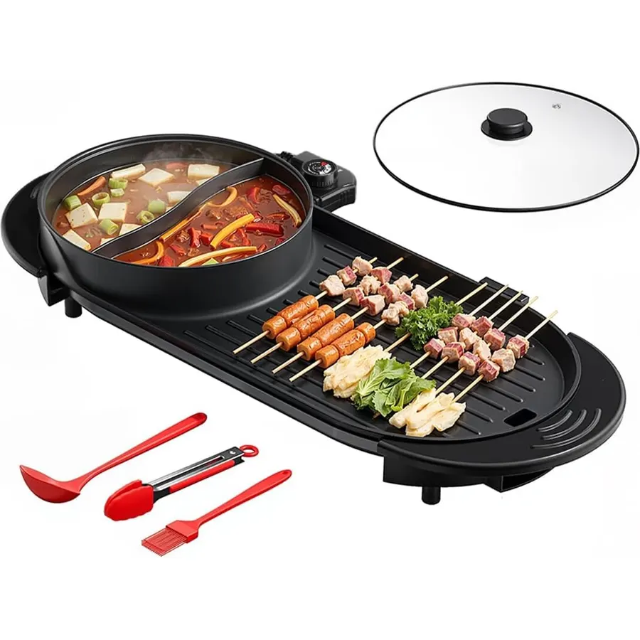 AORAN 2200W Electric Grill & Hot Pot Combo with Dual Zone Control - 26.6" Large Yin-Yang Nonstick Skillet, Indoor Smokeless BBQ Grill for Family Party, Adjustable Temperature & Easy Clean