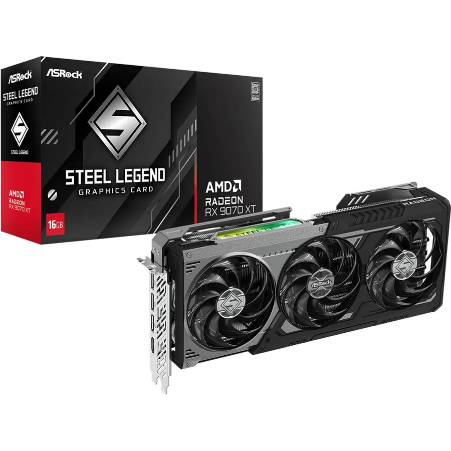 ASRock AMD Radeon RX 9070 XT Steel Legend Dark 16GB GDDR6 256-bit, 2970MHz Boost, PCIe 5.0, 3xDP2.1+HDMI2.1, Triple-Fan, Metal Backplate, RGB Sync, DirectX12 Ultimate, RDNA4, 2x8-Pin