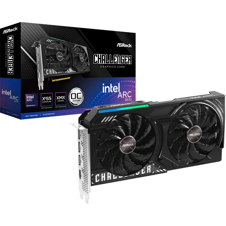 ASRock Intel Arc B570 Challenger 10GB OC GDDR6 Graphics Card, 2600 MHz GPU, 19 Gbps Memory, Dual Fan, Metal Backplate, HDMI 2.1a, DisplayPort 2.1, 0dB Cooling