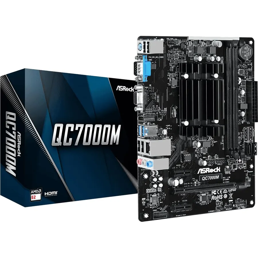 ASRock QC7000M AMD FT3b Carrizo-L E2-7110 Quad-Core APU Motherboard - DDR3 1600, Radeon R2 Graphics, HDMI/D-Sub, USB 3.2 Gen1, SATA3, Gigabit LAN, 7.1CH Audio
