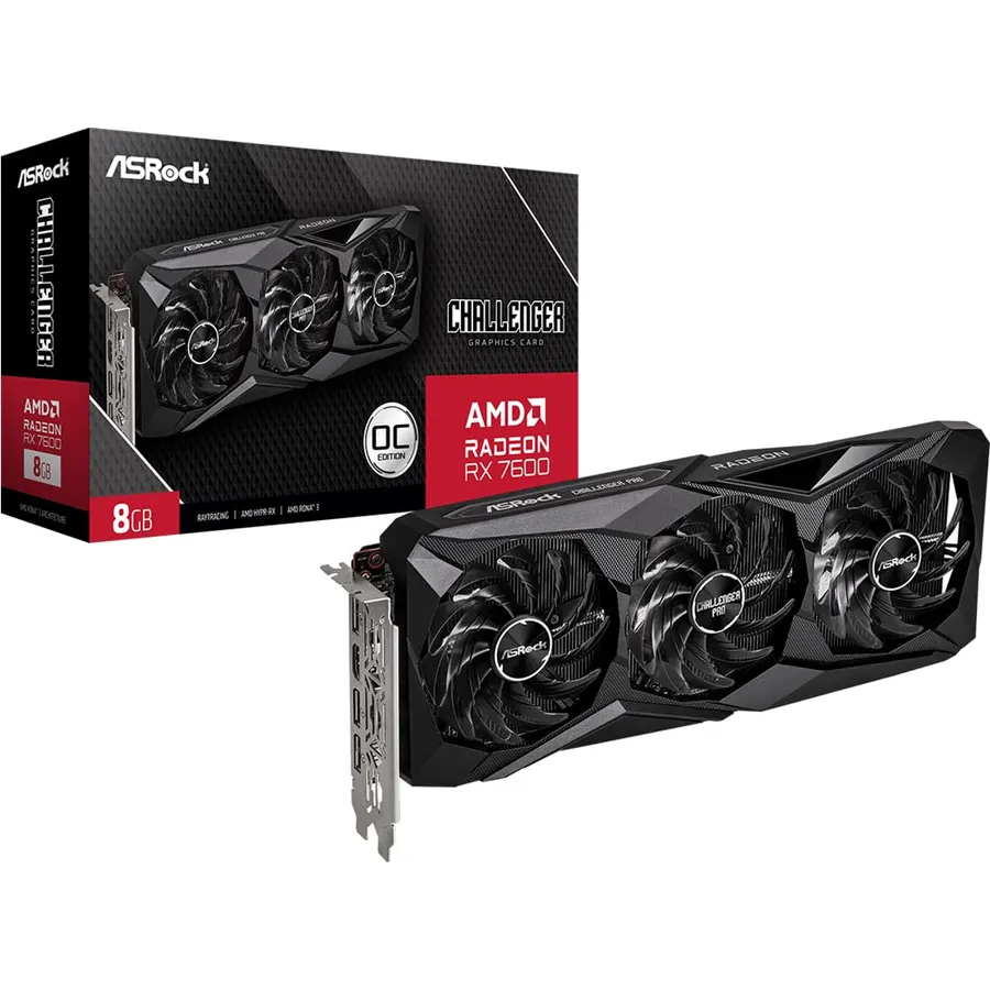 ASRock Radeon RX 7600 Challenger Pro 8GB OC, AMD RDNA 3, 8GB GDDR6, PCIe 4.0, Triple Fans, 0dB Silent, 2695MHz Boost, Triple Fan Graphics Card