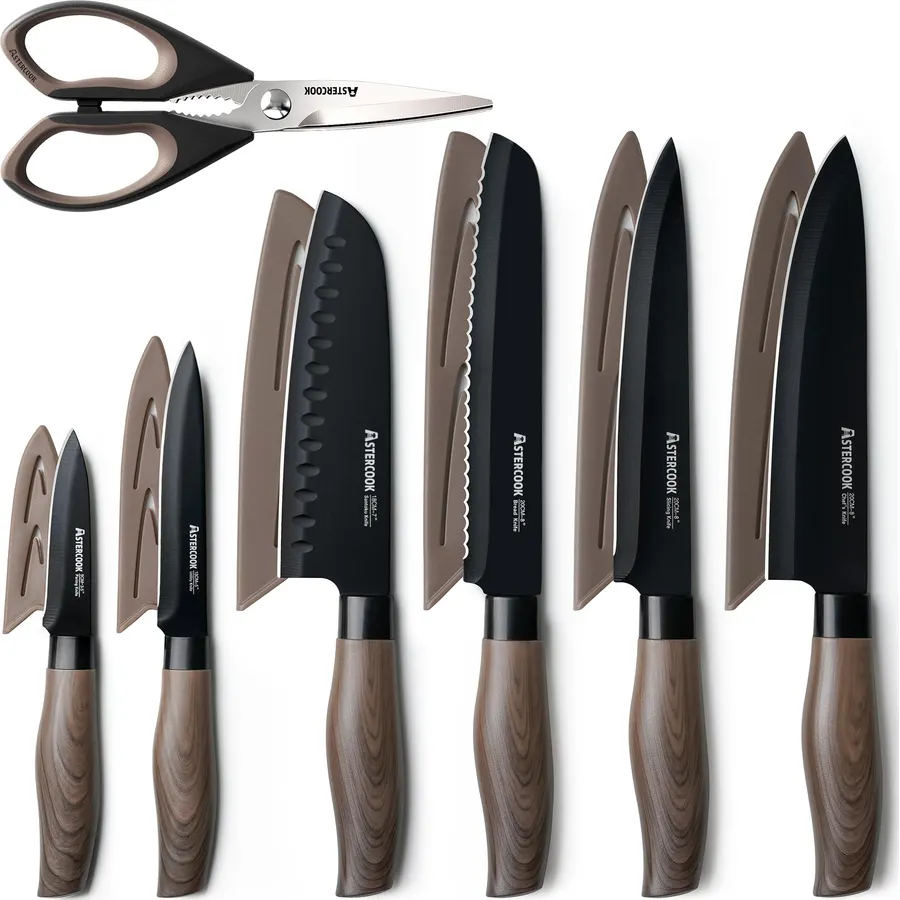 Astercook 15 Pcs Knife Set with Block and Sharpener Ceramic Coating 13 Pieces Kitchen Knives Set with 6 Blade Guards
