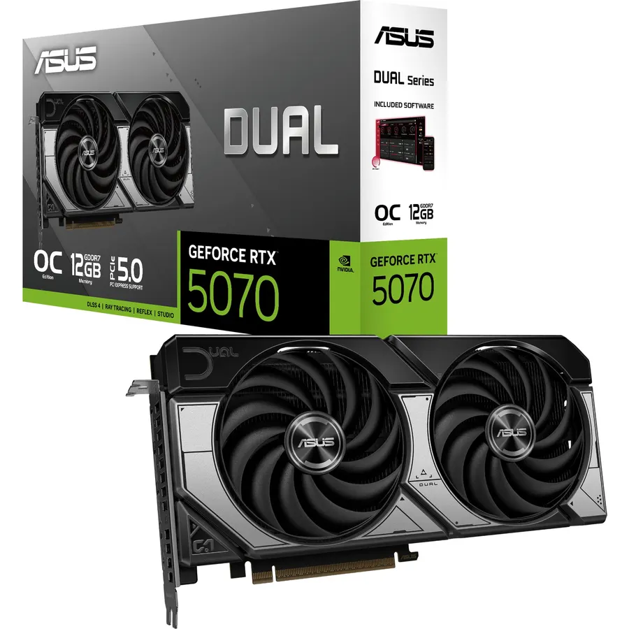 ASUS Dual GeForce RTX™ 5070 12GB GDDR7 OC Edition (PCIe 5.0, 12GB GDDR7, DLSS 4, HDMI 2.1b, DisplayPort 2.1b, Compact Dual-Fan Design, Axial-tech Fan Design, 0dB Technology, and More)