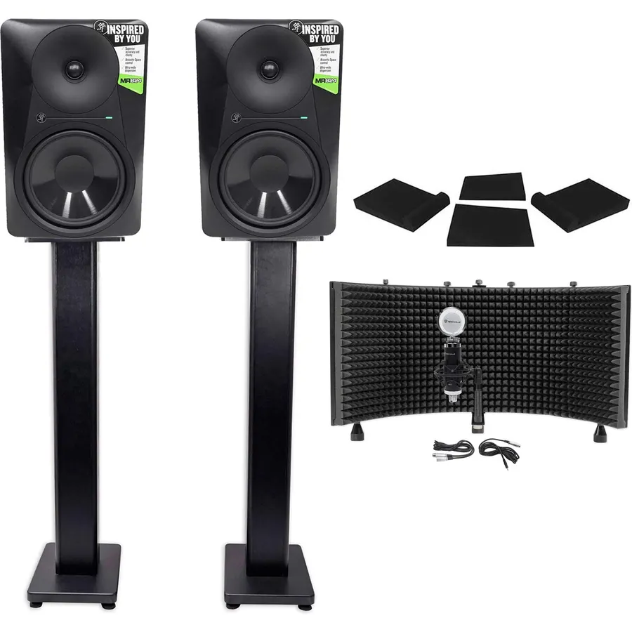 Audiosavings Bundle: (2) MR824 8 170W Powered Studio Monitors Bundle with (2) Rockville 36" Stands + Foam Pads + Condenser Mic w/Shield + ROCKSHIELD 3 Isolation Shield (8 Items)