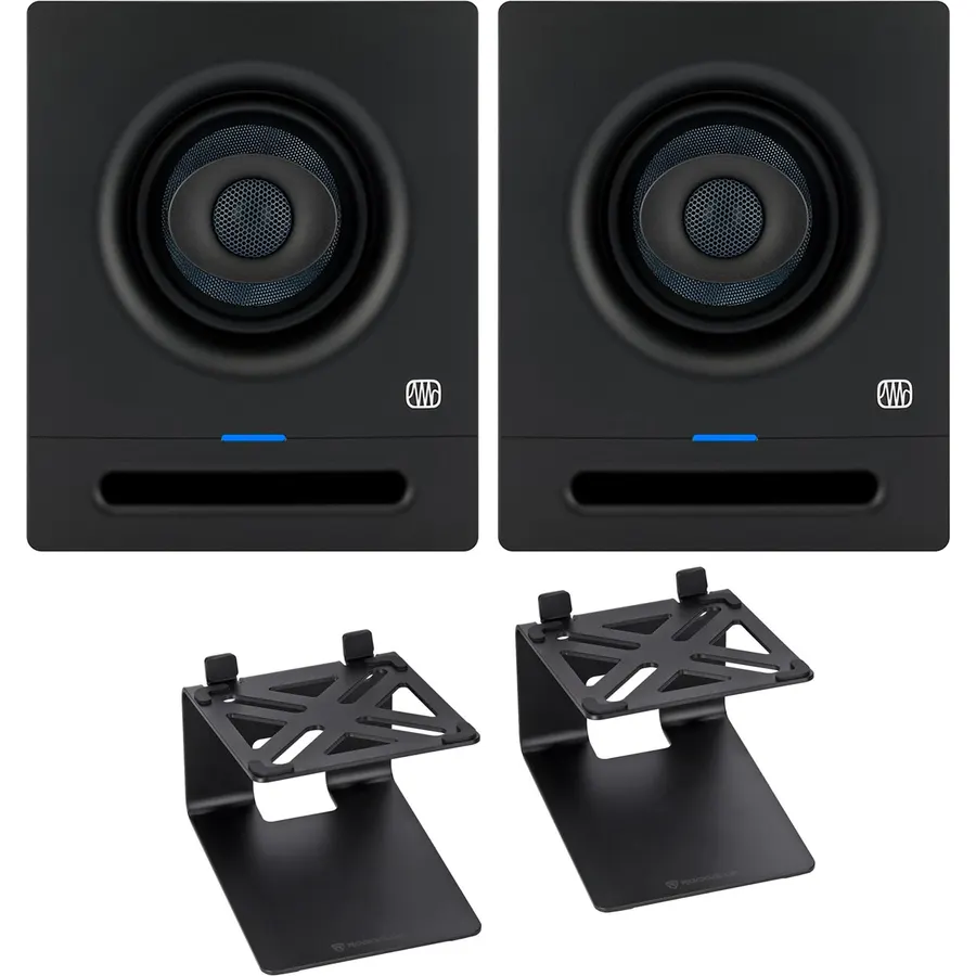 Audiosavings Bundle: (2) Eris Pro 4 Powered 4" Coaxial 2-Way Powered Studio Monitor Speaker Bundle with Pair Rockville SR4 Speaker Riser Stands (3 Items)