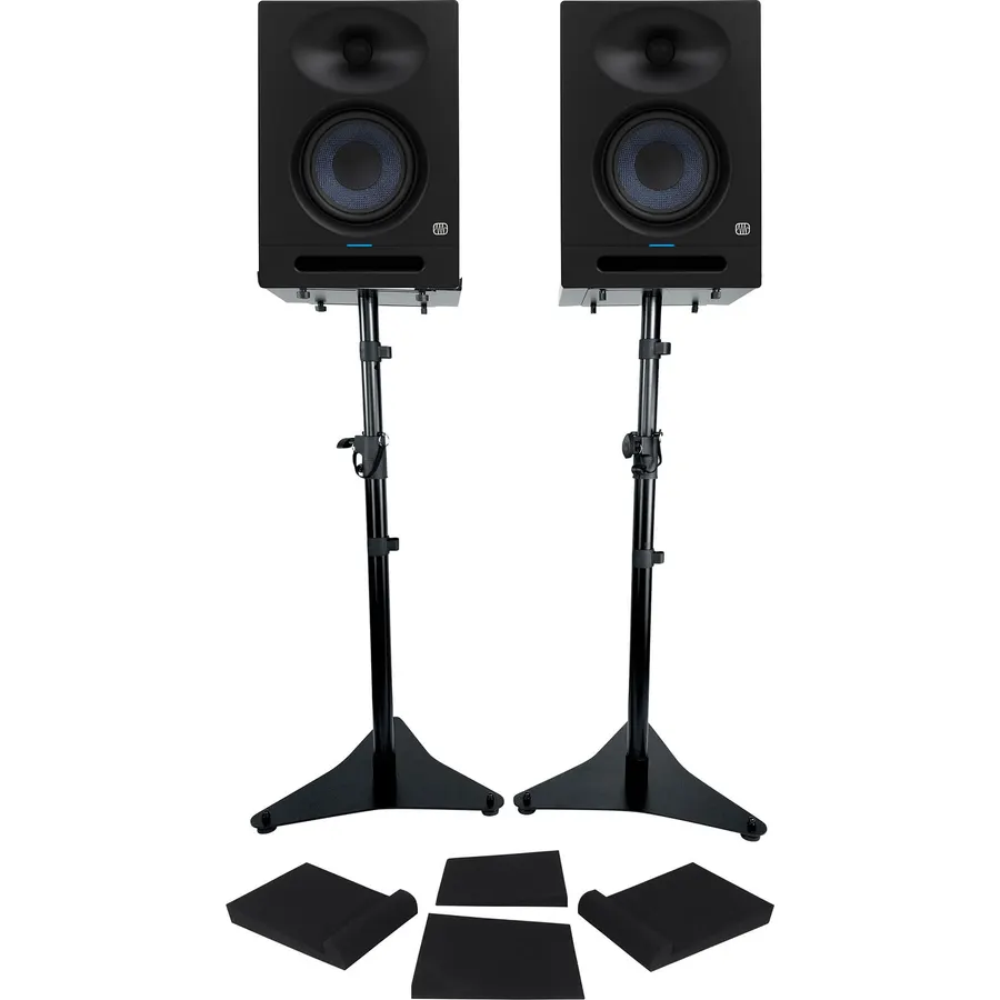 Audiosavings Bundle: (2) Presonus Eris Studio 8 Active 8" Studio Monitor Speaker Bundle with Pair Rockville RRS263M Foam Isolation Pads & Rockville RVSM5 Pair Bookshelf Speaker Stands (5 Items)