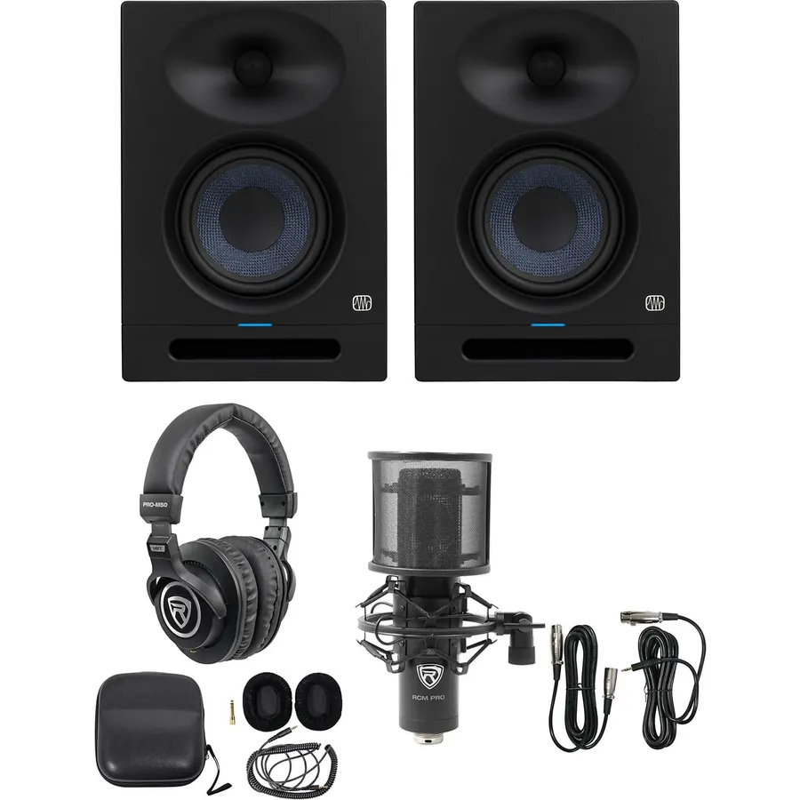 Audiosavings Bundle: (2) Presonus Eris Studio 8 Powered Active 8" Studio Monitor Speaker Bundle with Rockville PRO-M50 Studio Headphones & Rockville RCM PRO Studio/Recording Microphone (4 Items)