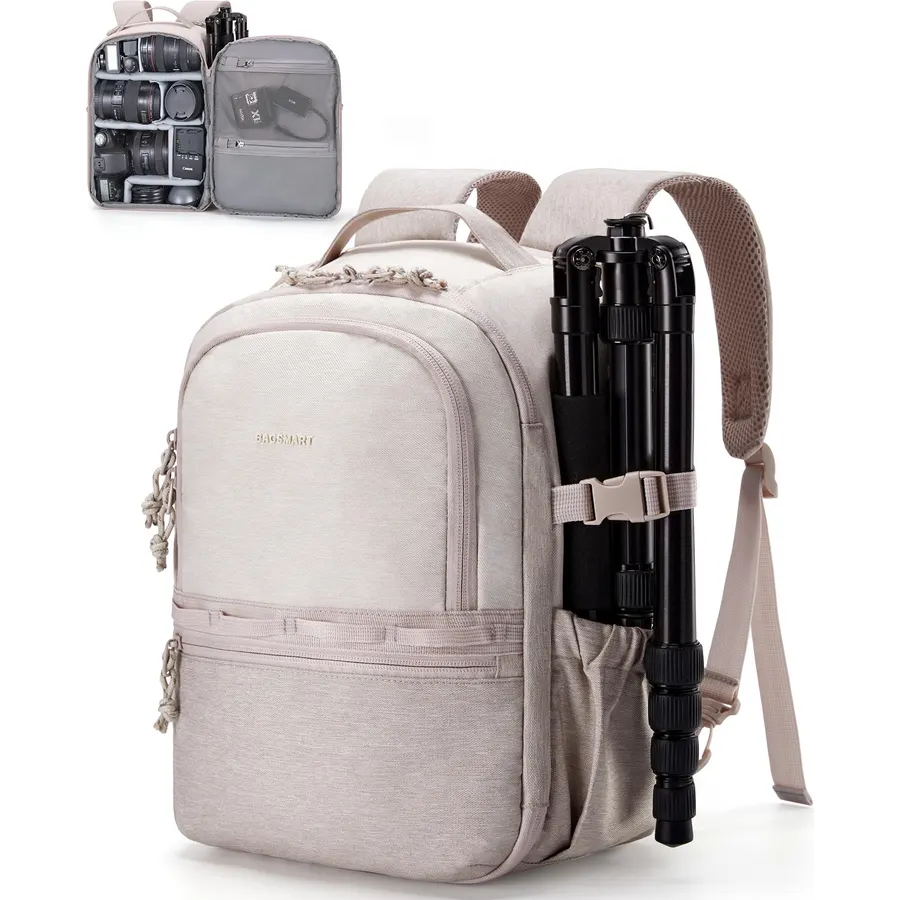 BAGSMART 2 in 1 Small Camera Backpack for DSLR, Fits 12.9" iPad, Beige