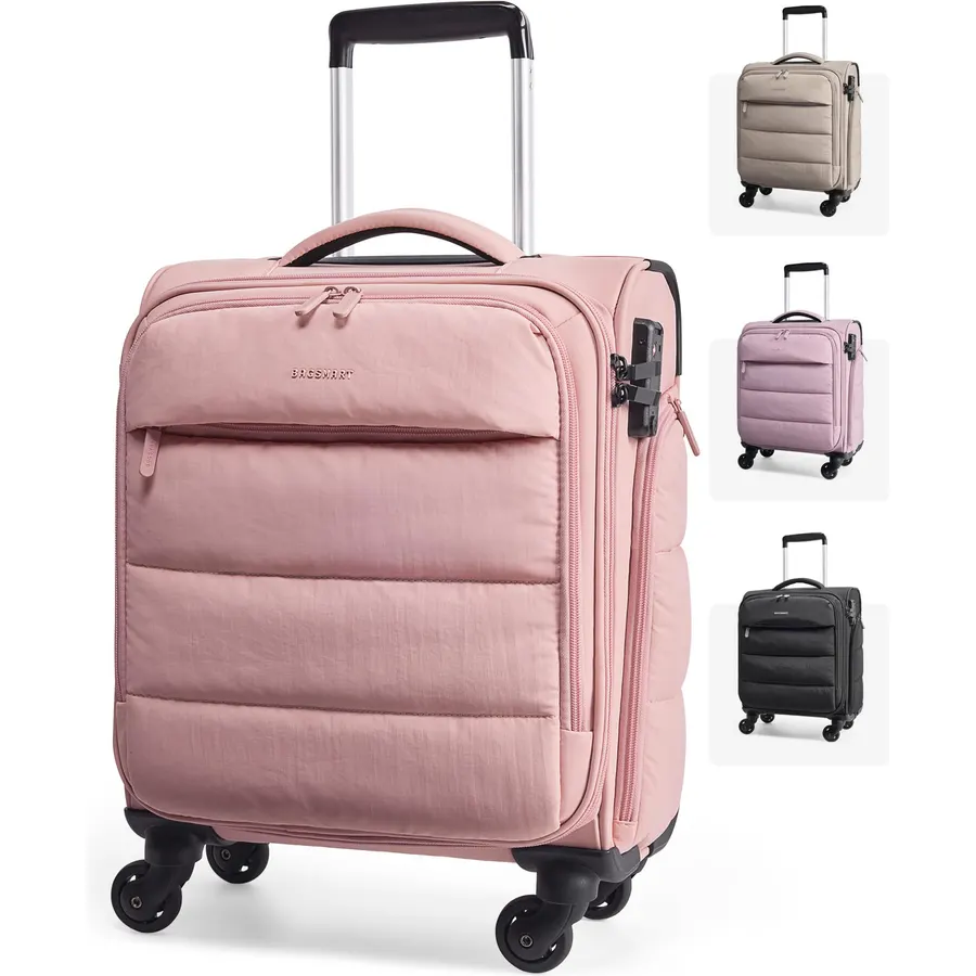 BAGSMART Softside Underseat Personal Item Suitcase with Wheels, Pink