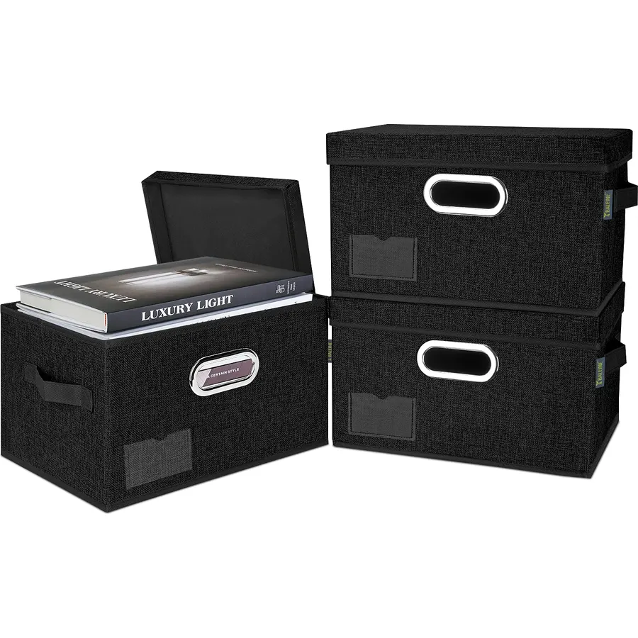 Storage Bins with Lids [3-Pack] Linen Fabric Foldable Storage Boxes Organizer Containers Baskets Cube with Cover for Bedroom Closet Office Grey(23.4X15.9X11.4)