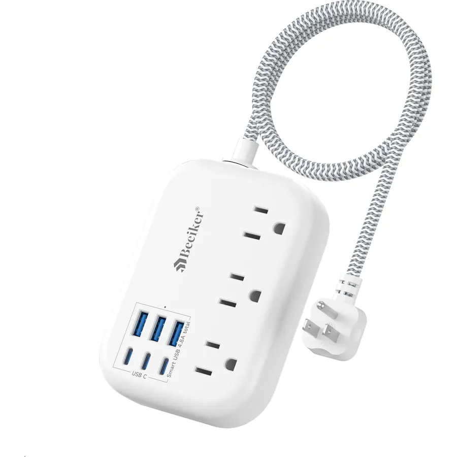 Beeiker Short Extension Cord 2 Foot Travel Power Strip 6 USB 3 Outlets