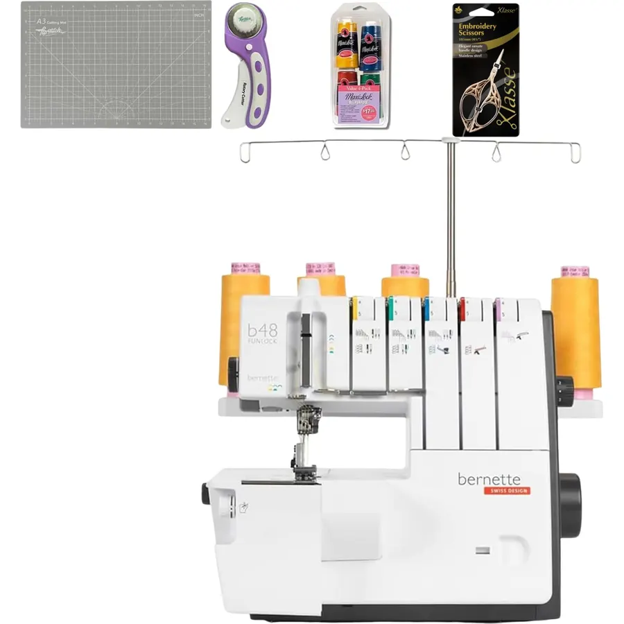 Bernette B48 Funlock Serger Coverstitch Overlock Machine Bundle | Scissors, Rotary Cutter, Threads, Foldable Self-Healing Cutting Mat | Heavy Duty Sewing & Quilting for Beginners & Professionals