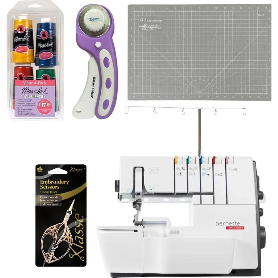 Bernette B68 Airlock Serger Sewing Machine | Adjustable Stitch Length, 1300SPM, LED Light, 5 Thread Options, Presser Foot Adjustment | Scissors, Rotary Cutter, Threads Bundle, Cutting Mat