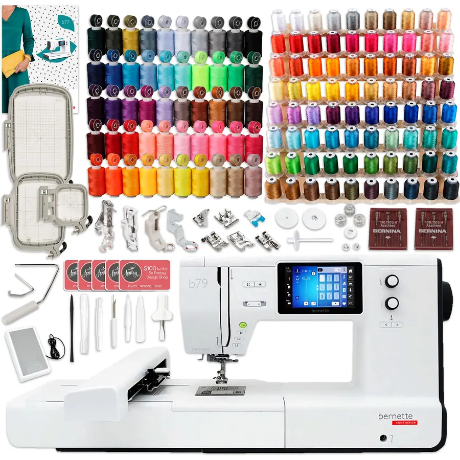 Bernette B79 Combo Sewing & Embroidery Machine Deluxe 130 Thread Spools with Premium Accessory & Designs Package