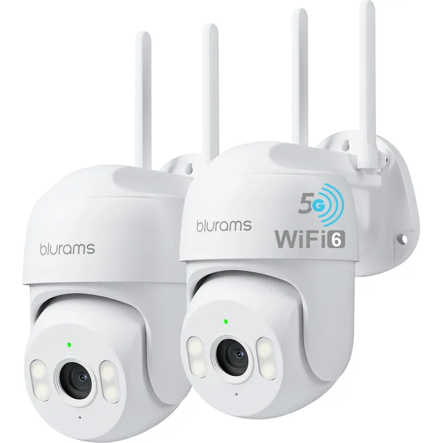 blurams 2Pack Security Cameras Outdoor Wired, 2K 360° PTZ Outdoor Security Camera, Weatherproof, 24/7 Recording with SD Card, Color Night Vision, AI Human Tracking, 2.4/5GHz WiFi6, Work with Alexa
