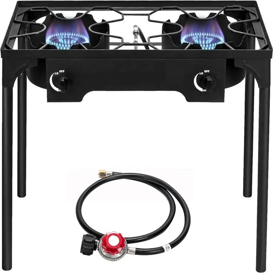 Bonnlo 2-Burner Outdoor Portable Propane Burner Stove 150,000-BTU Gas Cooker with Windscreen & Carrying Bag, Heavy Duty Iron Cast Patio Burner with Detachable Stand Legs for Camp Cooking