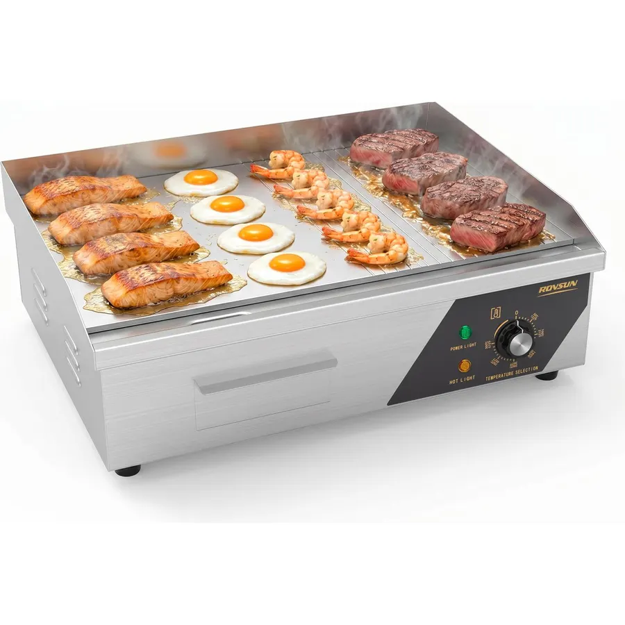 Bonnlo 22 Inch 1600W Commercial Electric Griddle with Stainless Steel Countertop, Half Flat Griddle, 122-572℉ Adjustable Temp Control of Flat Top Grill for Steak and Egg, Home & Restaurant, Plug