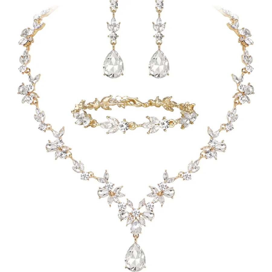 BriLove Gorgeous Wedding Jewelry Set for Women, Stunning Shiny Rhinestone Crystal Marquise Leaf Cluster Statement Necklace Dangle Drop Earrings for Wedding Party Prom Accessories