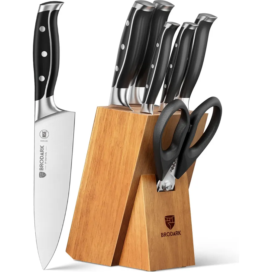 BRODARK 7Pcs Ultra Sharp Kitchen Knife Set, Acacia Wood Block with Scissors