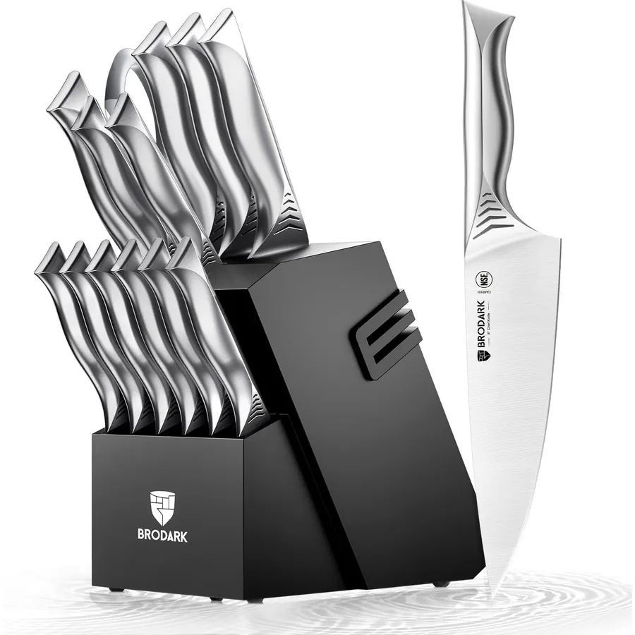hecef 15PCS Black Knife Block Set with Built-in Sharpener