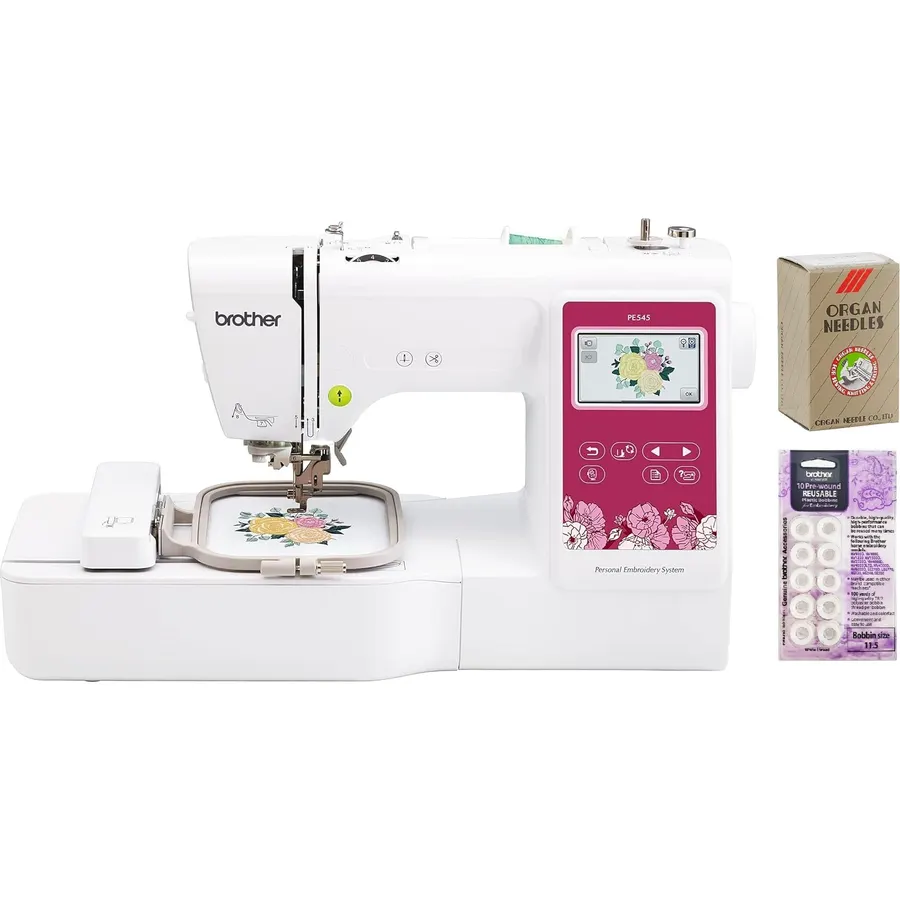 Brother PE545 Embroidery Machine, Wireless LAN Connected and 135 Built-in Designs, White Pre-Wound Bobbins 10 Count, 100-Piece 75/11 Embroidery Needles
