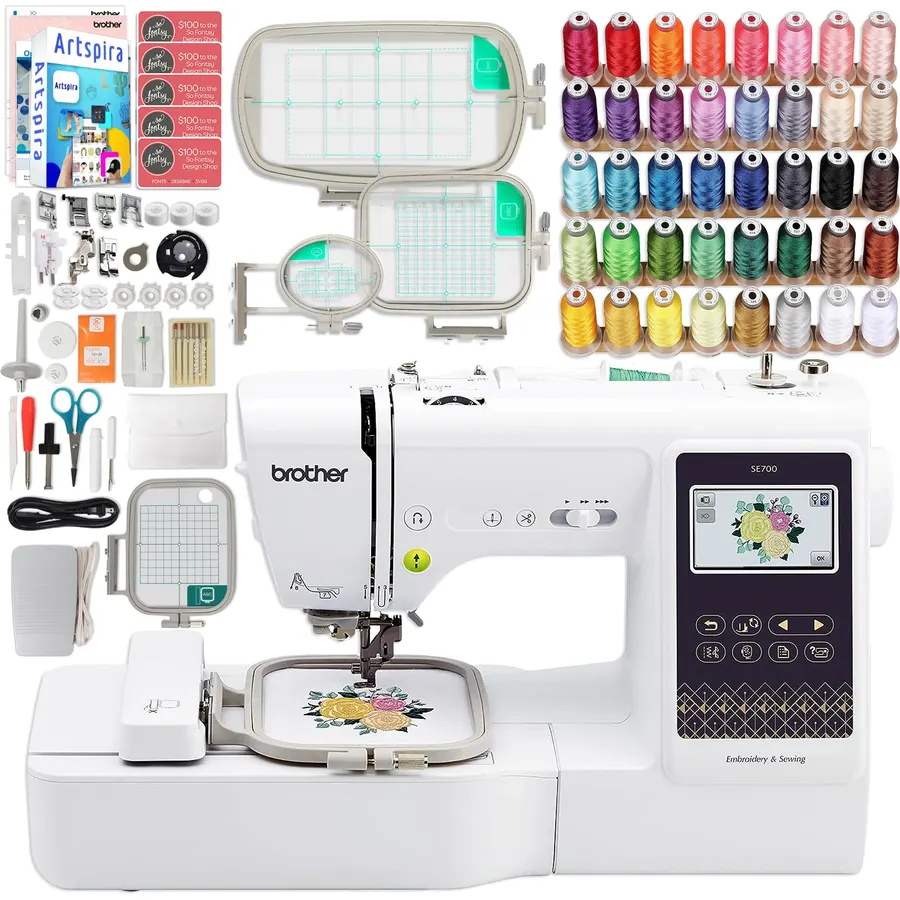 Brother SE700 Combo Embroidery & Sewing Machine with 3 Magnetic Embroidery Hoops, 40pc Embroidery Thread Set & Accessories