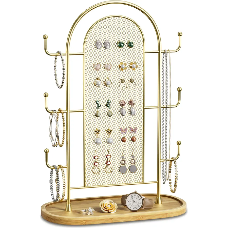 bussdis Jewelry Holder Organizer Earring Display - Earring Storage Tree Stands Towers With 6 Hooks 300 Studs Wood Tray Gold Metal Rack