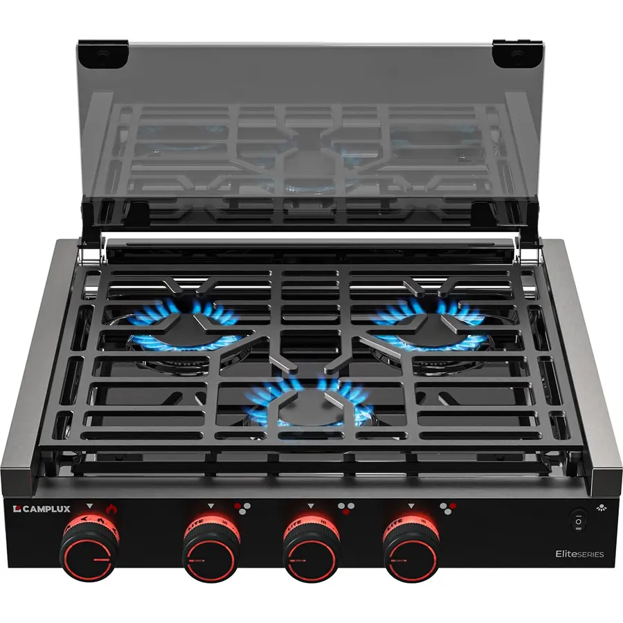 CAMPLUX Elite RV Stove 3 Burners, 21,000 BTU Propane Cooktop with Tempered Glass Cover & Flame Failure Protection, 21-Inch Slide-In Gas Rangetop for RVs, Campers, Motorhomes, and Boats, Black