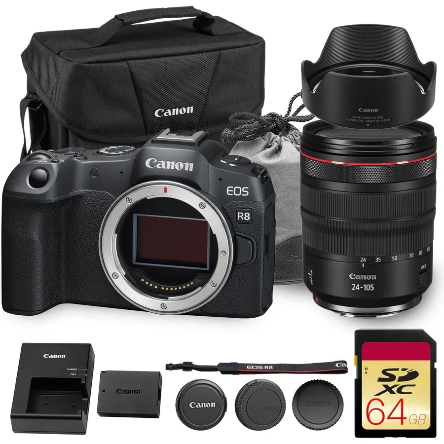 Canon EOS R8 Mirrorless Camera | 24.2MP Full Frame Sensor 4K 60p Video | Compact Lightweight Hybrid Camera for Travel and Content (5803C002) + Canon RF 24-105mm Lens + 64GB Card + Bag