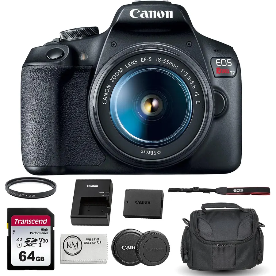 Canon EOS Rebel T7 DSLR Camera with 18-55mm Lens Bundled with 64GB Memory Card + Camera Bag + 58mm UV Filter + Microfiber Cleaning Cloth (5 Items)