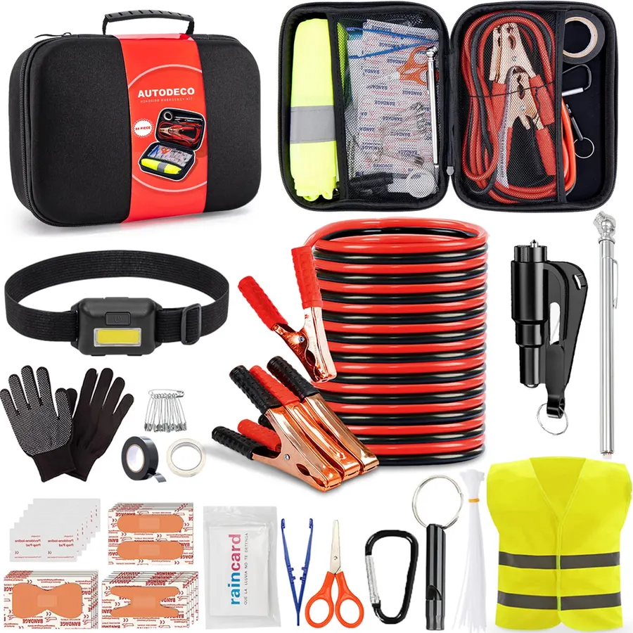 Car Roadside Emergency Kit, Auto Vehicle Safety Kits, with Jumper Cables